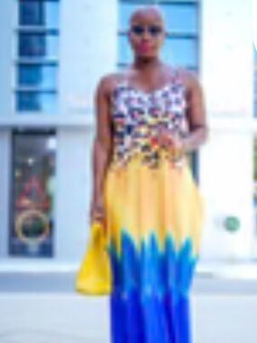 Vibrant Yellow and Blue Gradient Maxi Dress with Floral Bodice